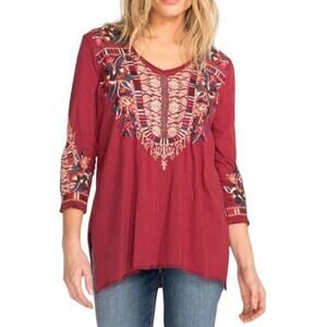 Johnny Was Claude Womens Floral Embroidered 3/4 Sleeve High Low Hem Tunic Top XS